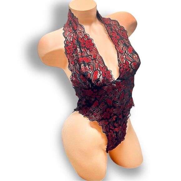 Vintage Y2K Fredericks of Hollywood red black low cut lace teddy sz L stretchy - Picture 4 of 15
